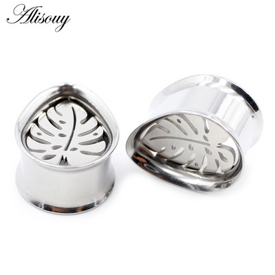 Alisouy 2 bucăți din oțel inoxidabil picătură de apă frunze goale tuneluri pentru urechi dopuri expansori calibre pentru targă cercei piercing bijuterii pentru corp