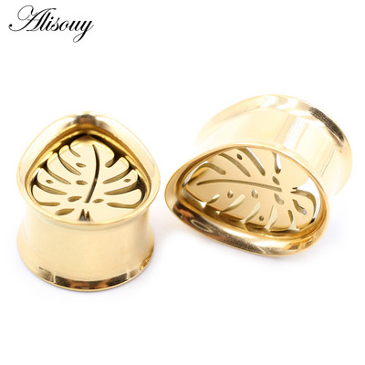 Alisouy 2 bucăți din oțel inoxidabil picătură de apă frunze goale tuneluri pentru urechi dopuri expansori calibre pentru targă cercei piercing bijuterii pentru corp