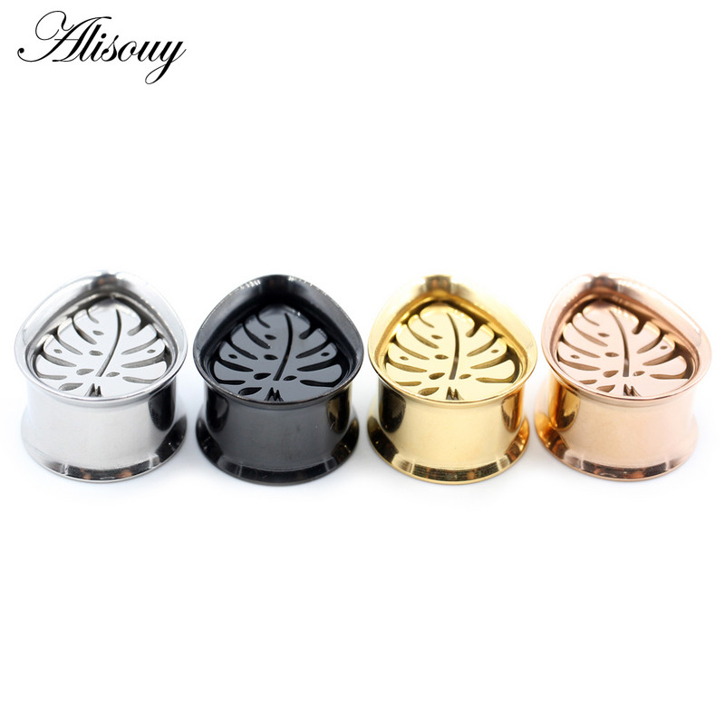 Alisouy 2 bucăți din oțel inoxidabil picătură de apă frunze goale tuneluri pentru urechi dopuri expansori calibre pentru targă cercei piercing bijuterii pentru corp