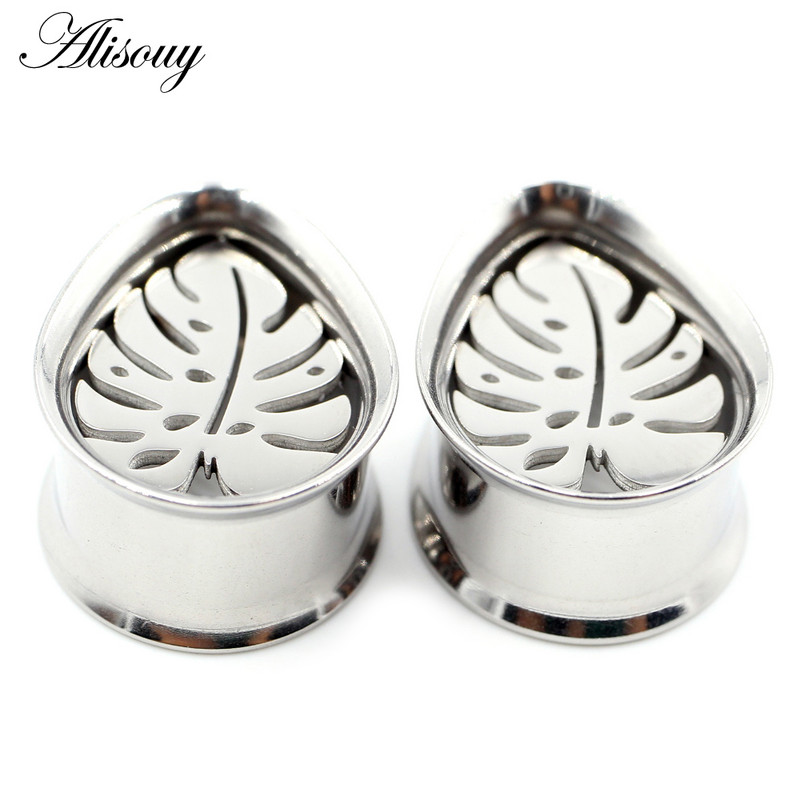 Alisouy 2 bucăți din oțel inoxidabil picătură de apă frunze goale tuneluri pentru urechi dopuri expansori calibre pentru targă cercei piercing bijuterii pentru corp