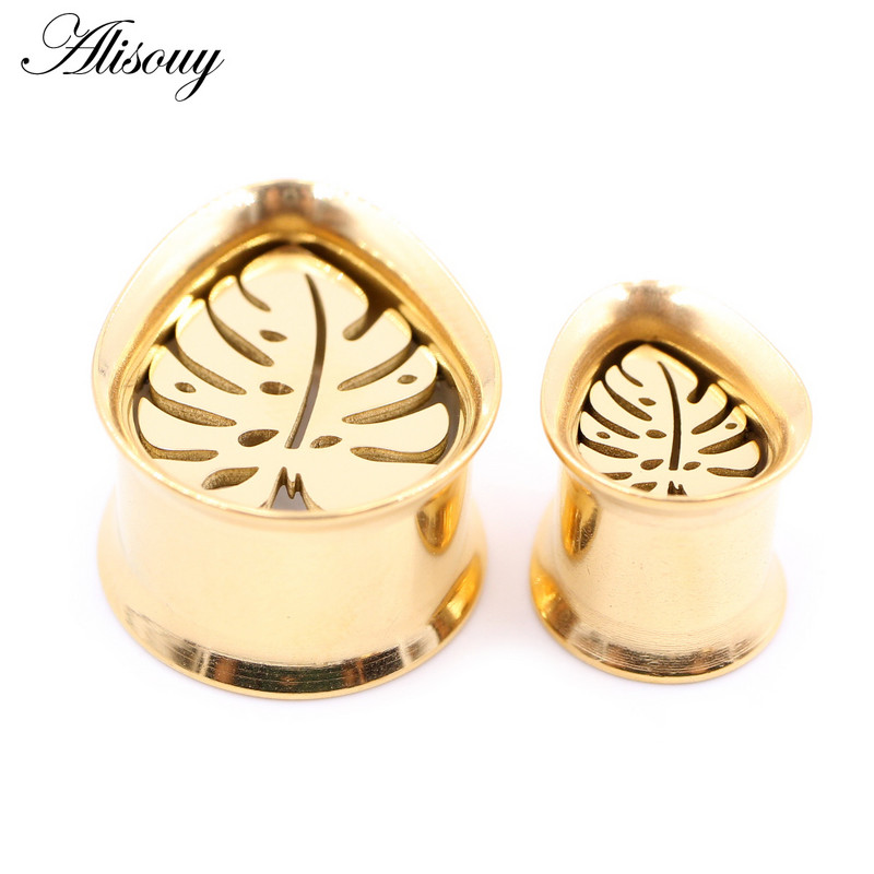 Alisouy 2 bucăți din oțel inoxidabil picătură de apă frunze goale tuneluri pentru urechi dopuri expansori calibre pentru targă cercei piercing bijuterii pentru corp