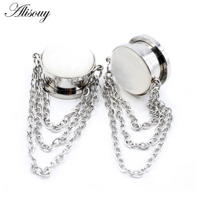 Alisouy 2 bucăți din oțel inoxidabil opal piatră lanț pandantiv șurub dopuri pentru urechi tuneluri expansor targă calibre piercing bijuterii pentru corp