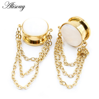 Alisouy 2 bucăți din oțel inoxidabil opal piatră lanț pandantiv șurub dopuri pentru urechi tuneluri expansor targă calibre piercing bijuterii pentru corp
