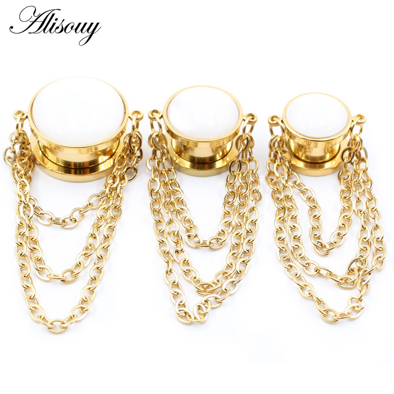 Alisouy 2 bucăți din oțel inoxidabil opal piatră lanț pandantiv șurub dopuri pentru urechi tuneluri expansor targă calibre piercing bijuterii pentru corp