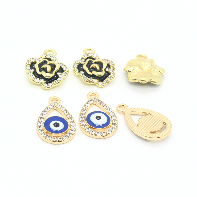 6 komada starinskih crnih cvjetnih kapljica za oko, emajl privjesci, sjajni kamenčići, vražje oko, naušnice, privjesci, ženski nakit