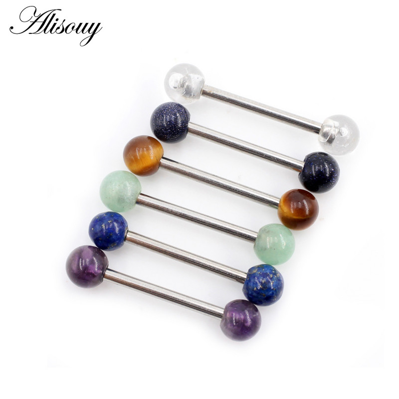 Alisouy 1 buc 14G noi pietre naturale bile din oțel inoxidabil limba barbell piercing fir unisex labret buze inele bar bijuterii corp