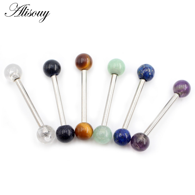 Alisouy 1 buc 14G noi pietre naturale bile din oțel inoxidabil limba barbell piercing fir unisex labret buze inele bar bijuterii corp