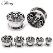 Alisouy 2 bucăți din oțel inoxidabil craniu pistol schelet dopuri pentru urechi tuneluri expansoare targi calibre cercei piercing bijuterii pentru corp