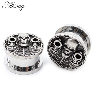 Alisouy 2 bucăți din oțel inoxidabil craniu pistol schelet dopuri pentru urechi tuneluri expansoare targi calibre cercei piercing bijuterii pentru corp