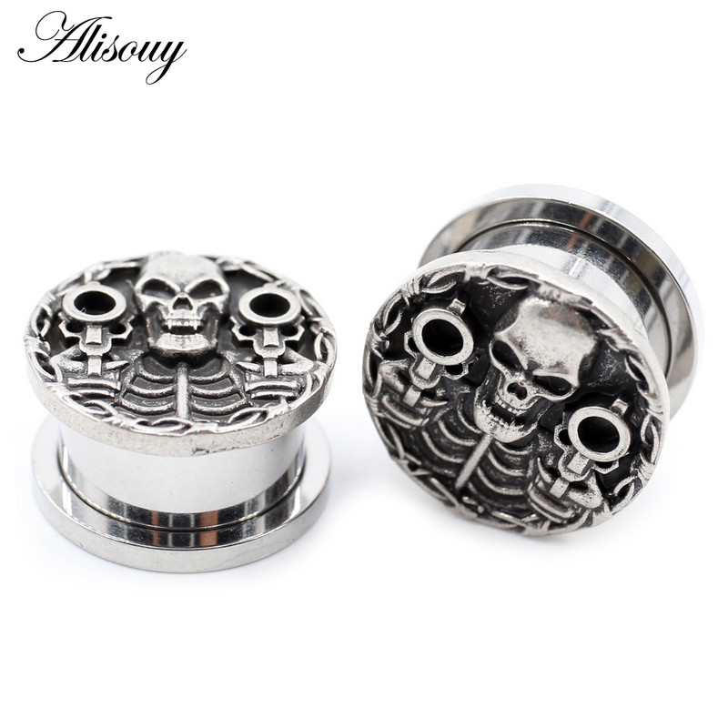 Alisouy 2 bucăți din oțel inoxidabil craniu pistol schelet dopuri pentru urechi tuneluri expansoare targi calibre cercei piercing bijuterii pentru corp