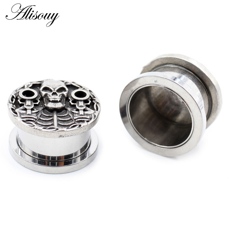 Alisouy 2 bucăți din oțel inoxidabil craniu pistol schelet dopuri pentru urechi tuneluri expansoare targi calibre cercei piercing bijuterii pentru corp