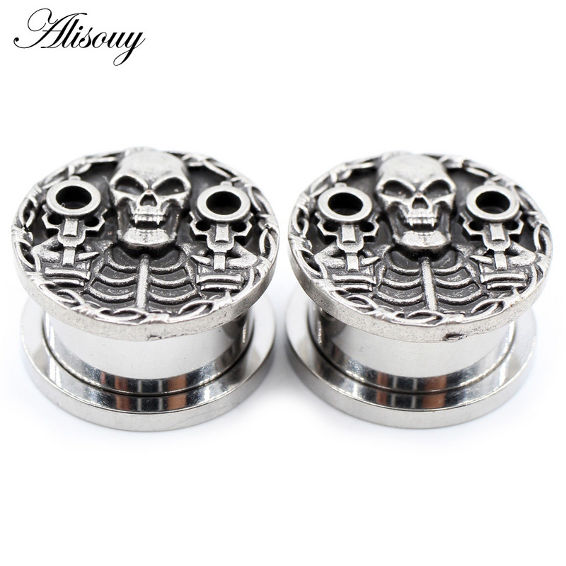 Alisouy 2 bucăți din oțel inoxidabil craniu pistol schelet dopuri pentru urechi tuneluri expansoare targi calibre cercei piercing bijuterii pentru corp