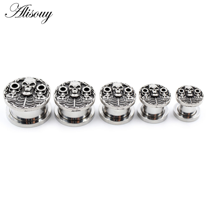 Alisouy 2 bucăți din oțel inoxidabil craniu pistol schelet dopuri pentru urechi tuneluri expansoare targi calibre cercei piercing bijuterii pentru corp