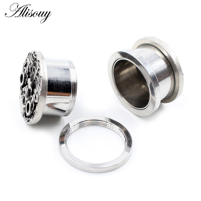 Alisouy 2 bucăți din oțel inoxidabil craniu pistol schelet dopuri pentru urechi tuneluri expansoare targi calibre cercei piercing bijuterii pentru corp