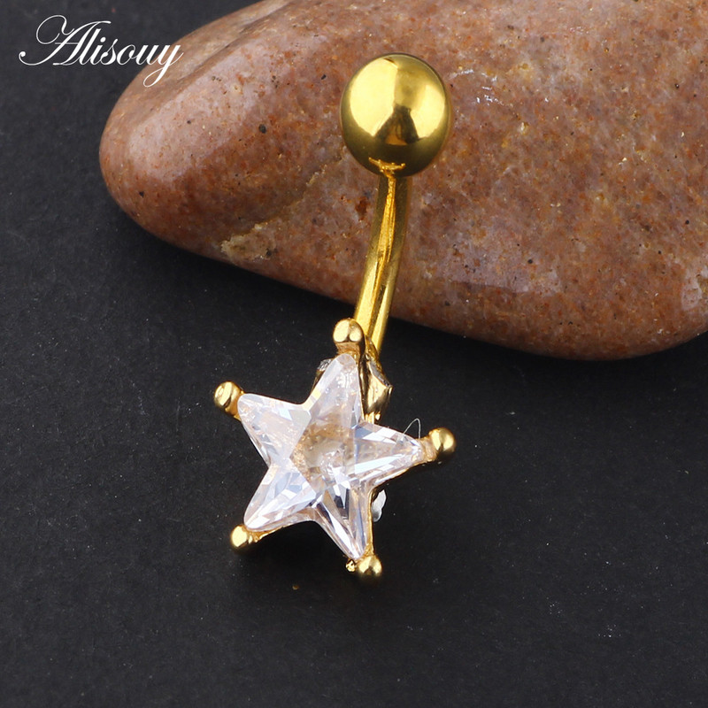 Alisouy Cercei din oțel inoxidabil antialergic, ureche, unghie, inele pentru buric, piercing la buric, stea, inimă, rotund, bijuterii pentru corp de cristal