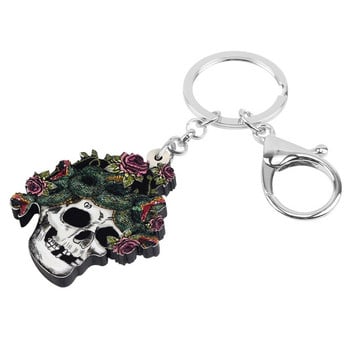 NEWEI Ακρυλικό αποκριάτικο λουλούδι Skull Skeleton Keychains Printing Long Keyring κοσμήματα για γυναίκες Μοντέρνα αξεσουάρ τσάντα δώρου