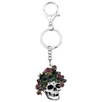 NEWEI Ακρυλικό αποκριάτικο λουλούδι Skull Skeleton Keychains Printing Long Keyring κοσμήματα για γυναίκες Μοντέρνα αξεσουάρ τσάντα δώρου