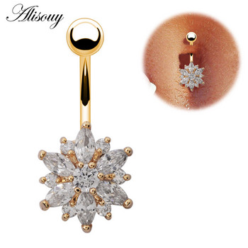 Alisouy 316L кристален пръстен с цвете и пъп от неръждаема стомана Моден златен цвят Секси бижута за пиърсинг на пъпа