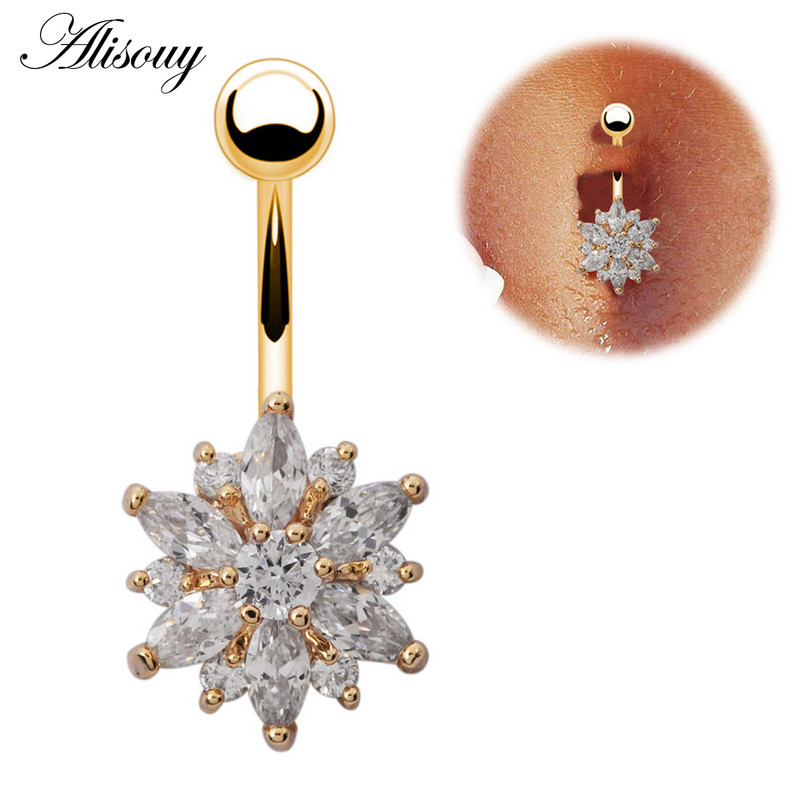 Alisouy, oțel inoxidabil 316L, cristal, inel pentru buric, bijuterii sexy de culoare aurie pentru buric