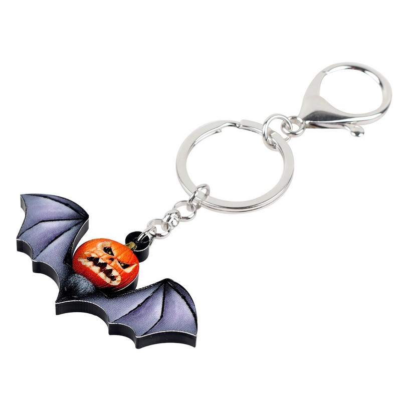 Bonsny Akrilni Halloween Angry Pumpkin Bat Chain Keychain Ring Crtani Dekoracija Nakit Za Žene Djevojke Tinejdžeri Dekoracija