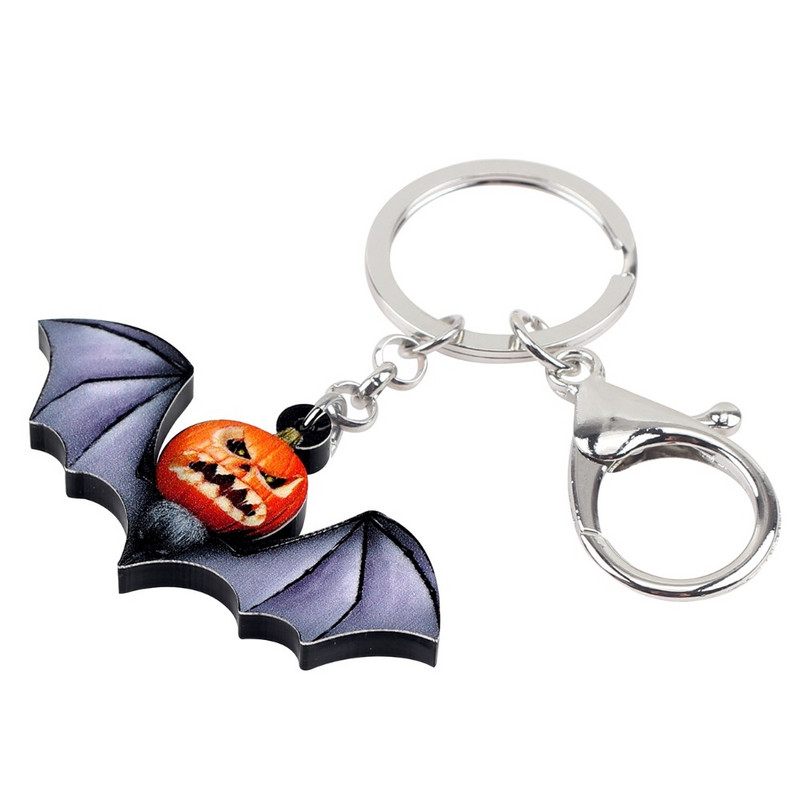 Bonsny Akrilni Halloween Angry Pumpkin Bat Chain Keychain Ring Crtani Dekoracija Nakit Za Žene Djevojke Tinejdžeri Dekoracija
