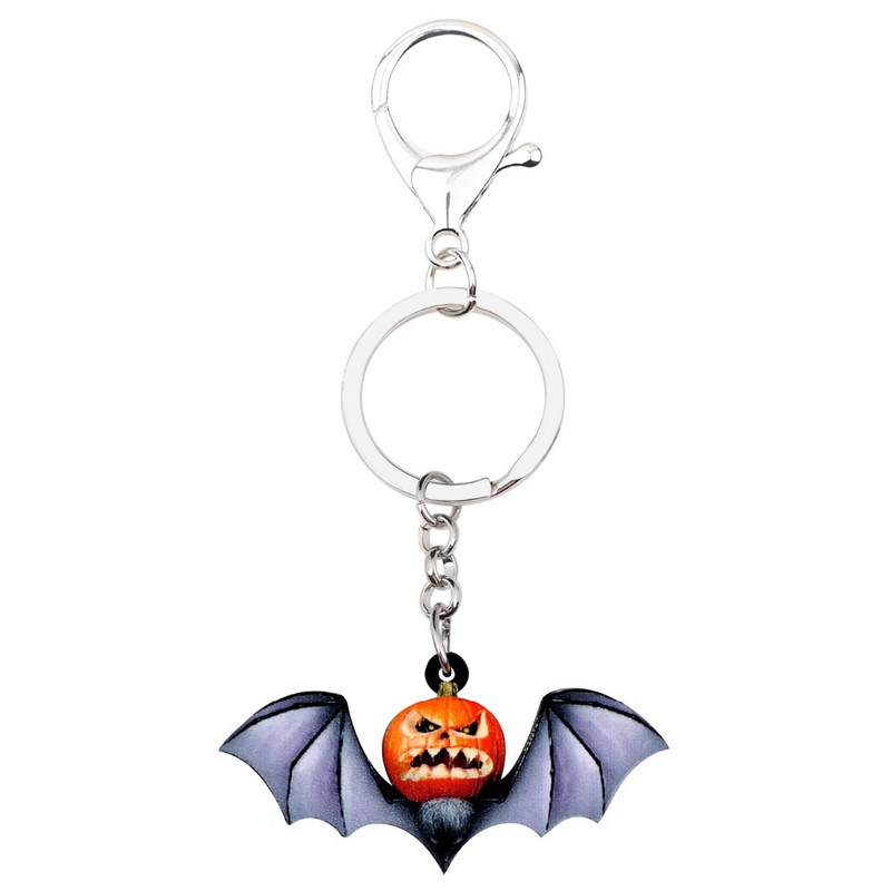 Bonsny Akrilni Halloween Angry Pumpkin Bat Chain Keychain Ring Crtani Dekoracija Nakit Za Žene Djevojke Tinejdžeri Dekoracija
