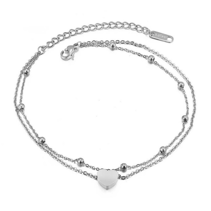 JeeMango Fashion Strat dublu din oțel inoxidabil Heart Charm Anklets pentru femei Rose Gold Color Bratara pentru picioare Bijuterii pentru picioare JA19026