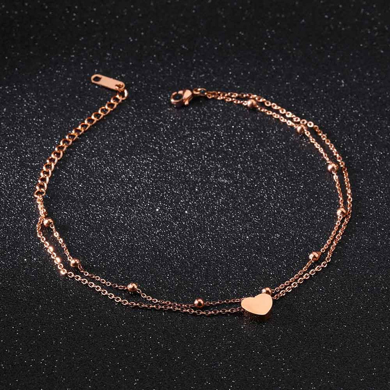 JeeMango Fashion Strat dublu din oțel inoxidabil Heart Charm Anklets pentru femei Rose Gold Color Bratara pentru picioare Bijuterii pentru picioare JA19026
