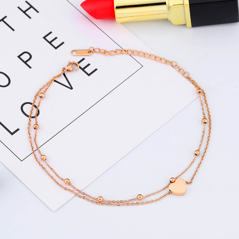 JeeMango Fashion Strat dublu din oțel inoxidabil Heart Charm Anklets pentru femei Rose Gold Color Bratara pentru picioare Bijuterii pentru picioare JA19026