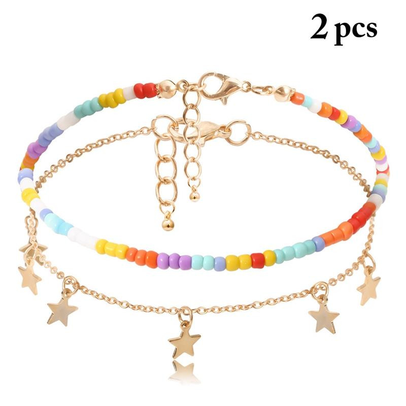 2021 brățară de gleznă nouă, ajustabilă, lucrată manual, 2 buc. pandantiv cu stea, gleznă cu mărgele, gleznă pentru femei