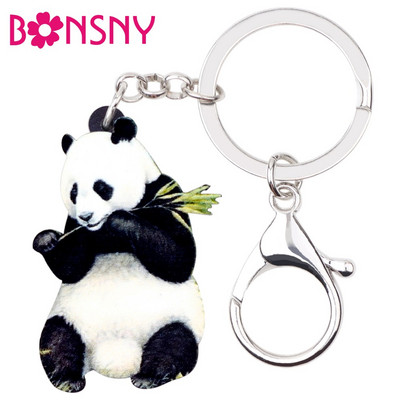 Bonsny Acrilic Eating Bamboo Panda Breloc Brelocuri Inele Bijuterii cu animale din desene animate Pentru Femei Fete Poșetă Poșetă Charms Cadou