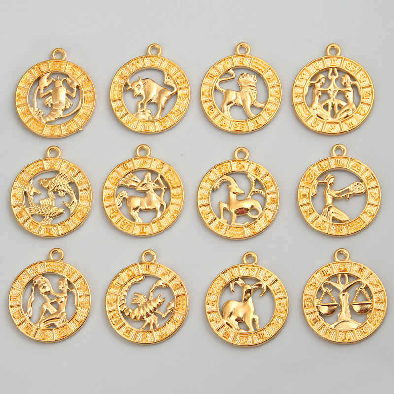 Ezüst/arany színű, 24x21 mm-es tizenkét csillagkép Charms zodiákus medál barkácsoláshoz, kézzel készített fém asztrológia ékszerkészítési kiegészítőhöz