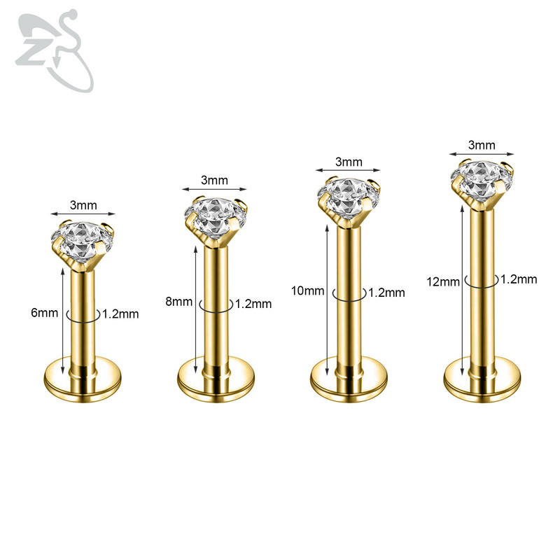 ZS 1 bucată argintiu auriu culoare oțel inoxidabil buza labret piercing rotund CZ cristal ureche helix tragus piercing bijuterii 6/8/10/12mm