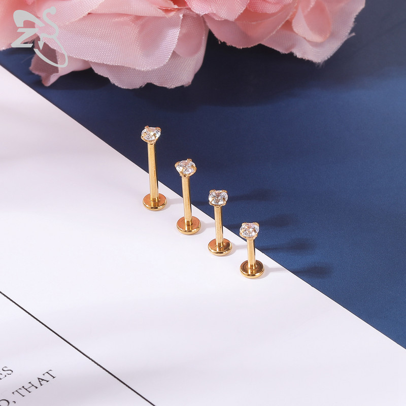 ZS 1 bucată argintiu auriu culoare oțel inoxidabil buza labret piercing rotund CZ cristal ureche helix tragus piercing bijuterii 6/8/10/12mm