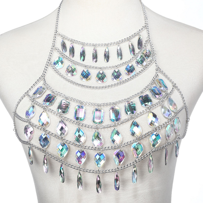 Lanț de corp cu strasuri pentru femei, curea în talie, sutien superior, ham, bikini de vară, picătură de apă, lanț de corp pentru festivalul de vară, bijuterii