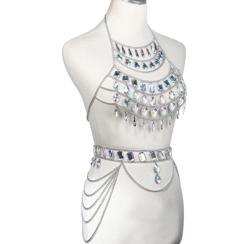 Lanț de corp cu strasuri pentru femei, curea în talie, sutien superior, ham, bikini de vară, picătură de apă, lanț de corp pentru festivalul de vară, bijuterii