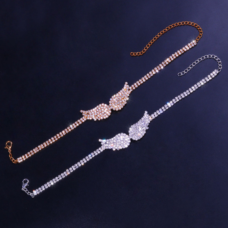 Moda coreeană gleznă cu aripi de înger Brățări cu lanț pentru femei, argint, plajă, bijuterii Boho, cu strasuri simple, lanț pentru picioare, cadou