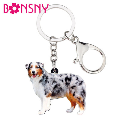 Bonsny Acrylic Australian Shepherd Dog Μπρελόκ με μπρελόκ Δαχτυλίδια Μόδα ζωικά κοσμήματα για γυναίκες κορίτσια Εφηβική τσάντα Κρεμαστό γούρι