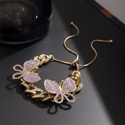 KunJoe Multicolor Vintage Big Butterfly Iced Out Rhinestone Crystal Cuban Chain Glezen Моден регулируем глезен за жени Момичета