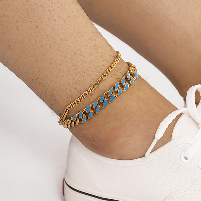 KunJoe Hip Hop Cool férfi bokaláncok arany színű kubai lánc kék csepp olajos fém bokalánc unisex ékszerekhez női fiú láblánc