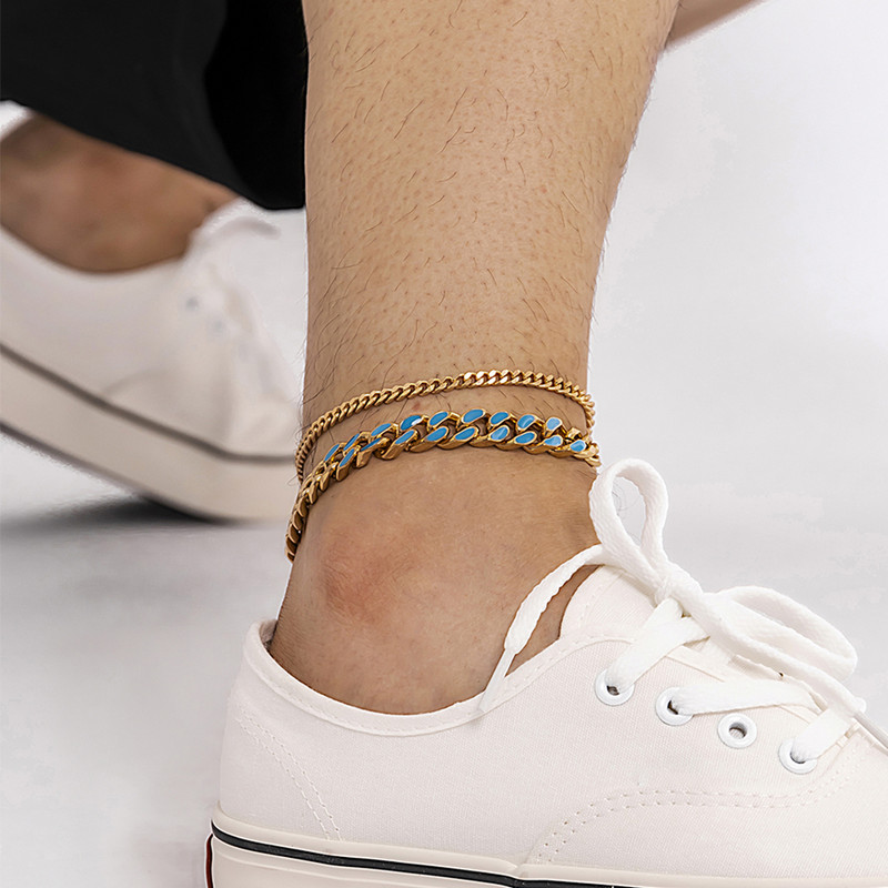 KunJoe Hip Hop Cool férfi bokaláncok arany színű kubai lánc kék csepp olajos fém bokalánc unisex ékszerekhez női fiú láblánc