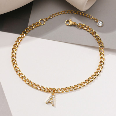 AZ pradinės moteriškos kulkšnies aikštelės, reguliuojamos aukso spalvos nerūdijančio plieno kubietiškos kulkšnies grandinėlė su AAA CZ akmens blizgančiomis raidėmis