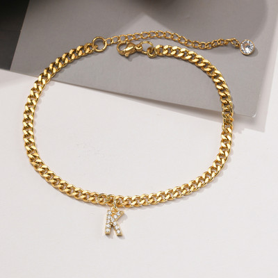 AZ pradinės moteriškos kulkšnies aikštelės, reguliuojamos aukso spalvos nerūdijančio plieno kubietiškos kulkšnies grandinėlė su AAA CZ akmens blizgančiomis raidėmis