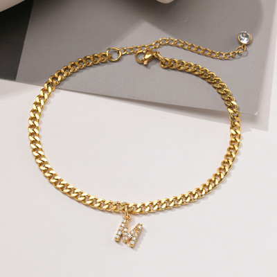 AZ pradinės moteriškos kulkšnies aikštelės, reguliuojamos aukso spalvos nerūdijančio plieno kubietiškos kulkšnies grandinėlė su AAA CZ akmens blizgančiomis raidėmis