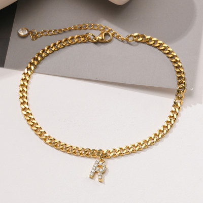 AZ pradinės moteriškos kulkšnies aikštelės, reguliuojamos aukso spalvos nerūdijančio plieno kubietiškos kulkšnies grandinėlė su AAA CZ akmens blizgančiomis raidėmis