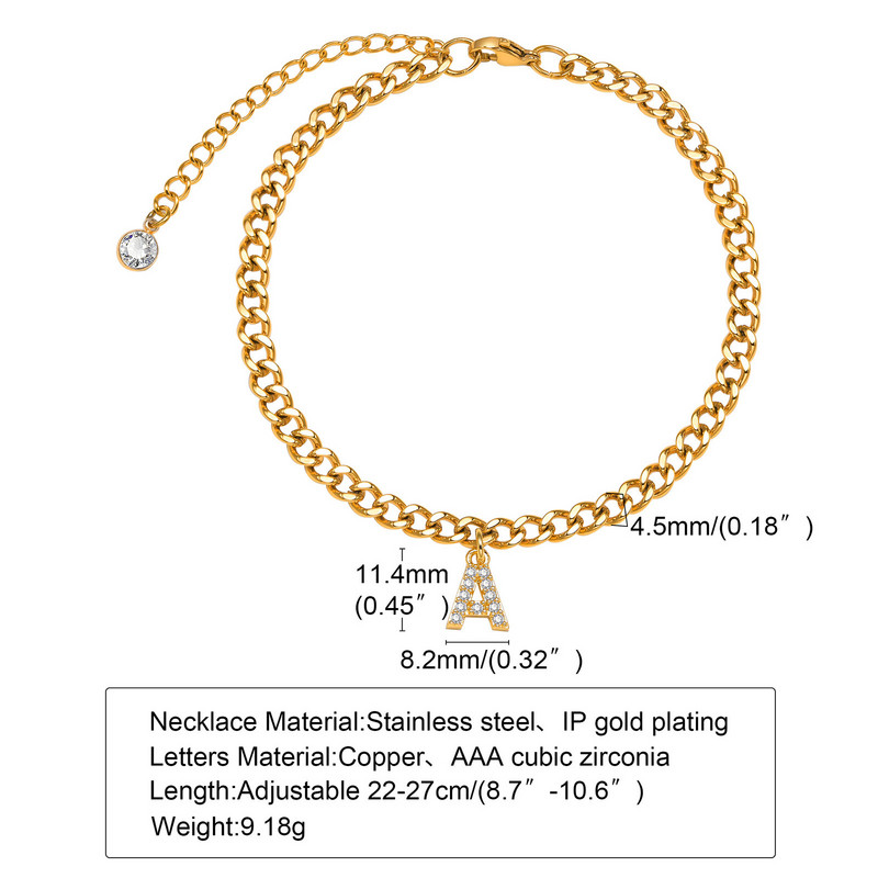 AZ pradinės moteriškos kulkšnies aikštelės, reguliuojamos aukso spalvos nerūdijančio plieno kubietiškos kulkšnies grandinėlė su AAA CZ akmens blizgančiomis raidėmis