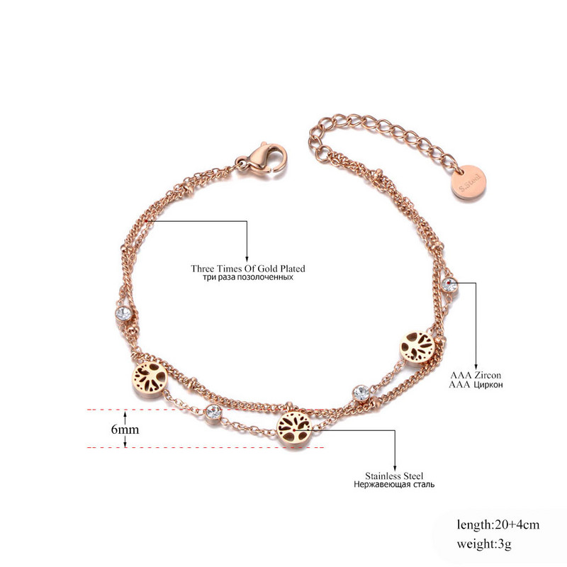 Lokaer Boemia dublu strat CZ cristal copac plante farmec gleznele pentru femei titan oțel picior link lant bijuterii gleznă A21013