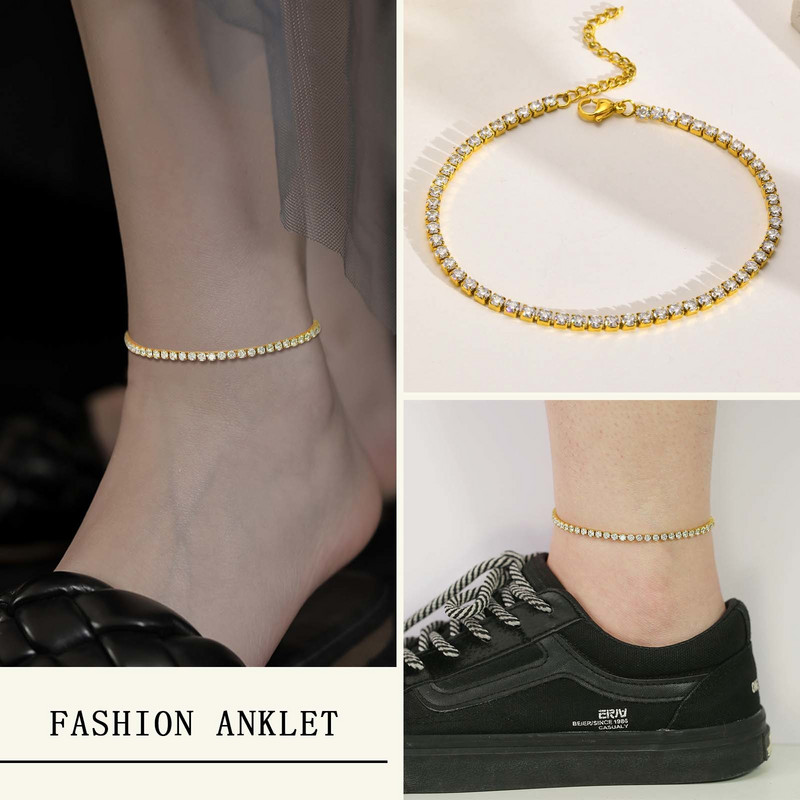 Bling lanț de tenis de 3 mm pentru femei, lanț de gleznă reglabil la modă din oțel inoxidabil de culoare aurie, bijuterii pentru picioare de vacanță pe plajă