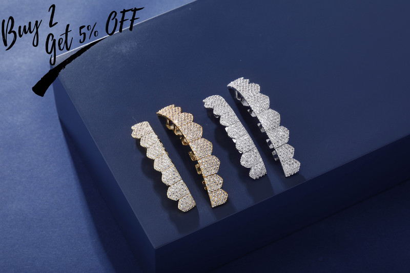 TOPGRILLZ Fit, auriu, argintiu, iced out, dinți hip hop, micro pave, zircon cubic, set de grătare pentru dinți de sus și de jos
