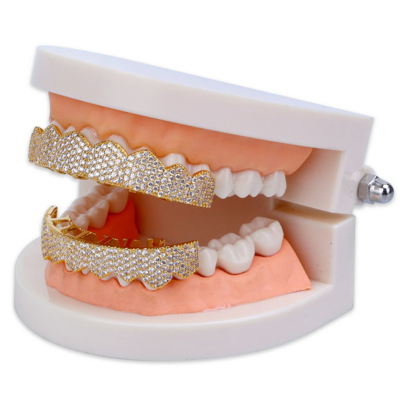 TOPGRILLZ Fit, auriu, argintiu, iced out, dinți hip hop, micro pave, zircon cubic, set de grătare pentru dinți de sus și de jos